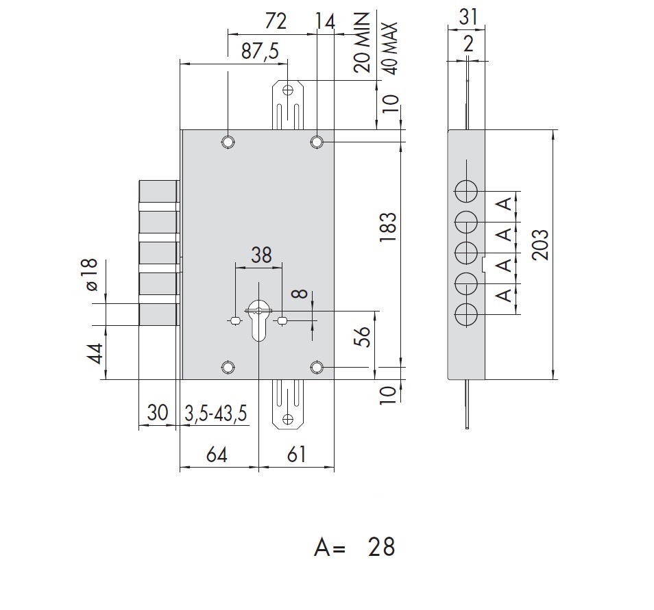 Замок врезной сувальдный без защёлки, CISA 57505.48.0.C5 