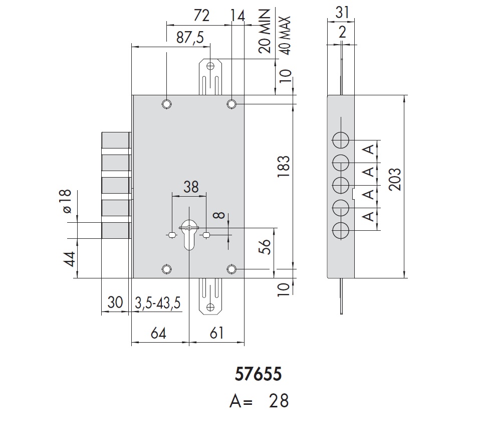 Замок врезной сувальдный без защёлки, CISA 57505.48.0.C5 