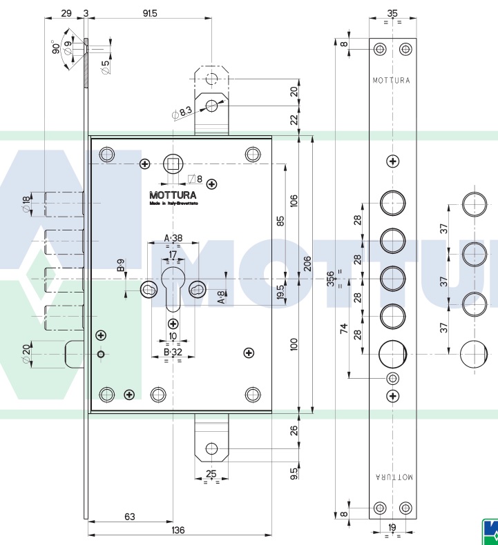 Замок врезной механический цилиндровый Mottura 85.971RST 