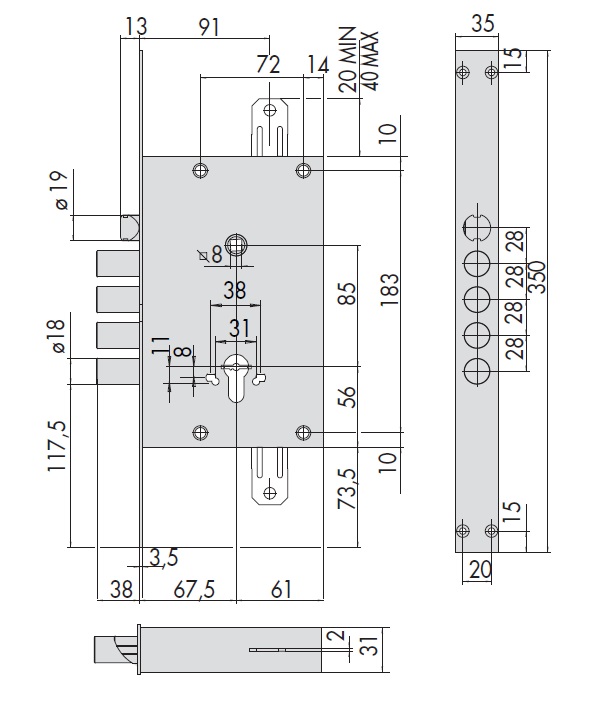 Замок врезной механический цилиндровый CISA 56535.48.B 